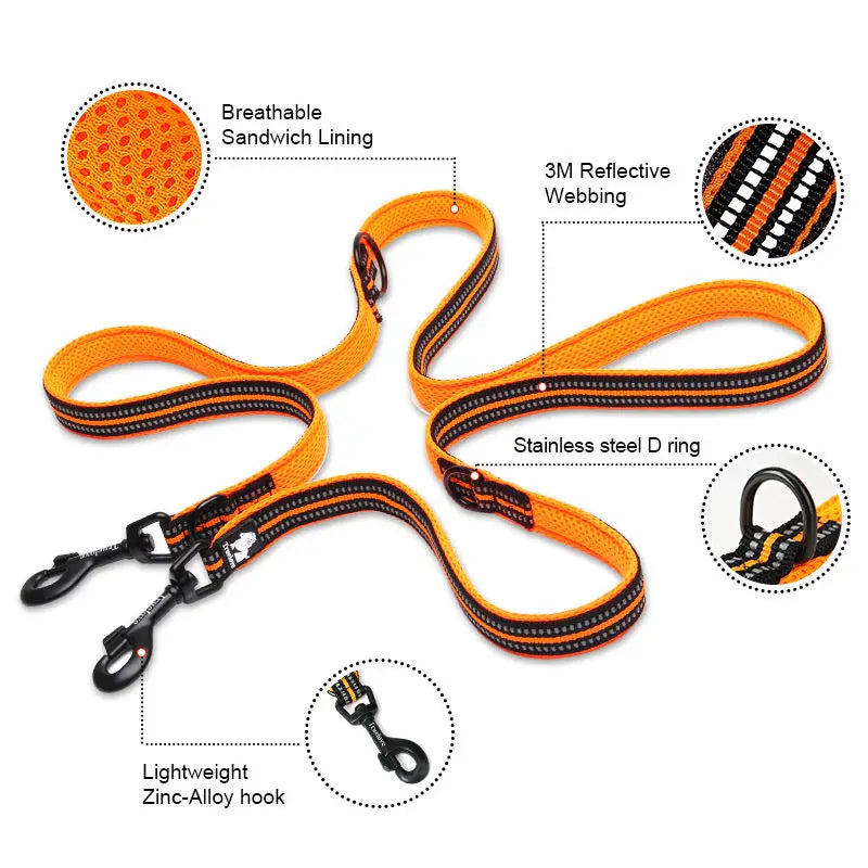 7-in-1 Adjustable Hands-Free Dog Leash - Reflective Multi-Function Double Lead for 2 Dogs (2.0 m / 6.6 ft, 2.5 m / 8.2 ft)