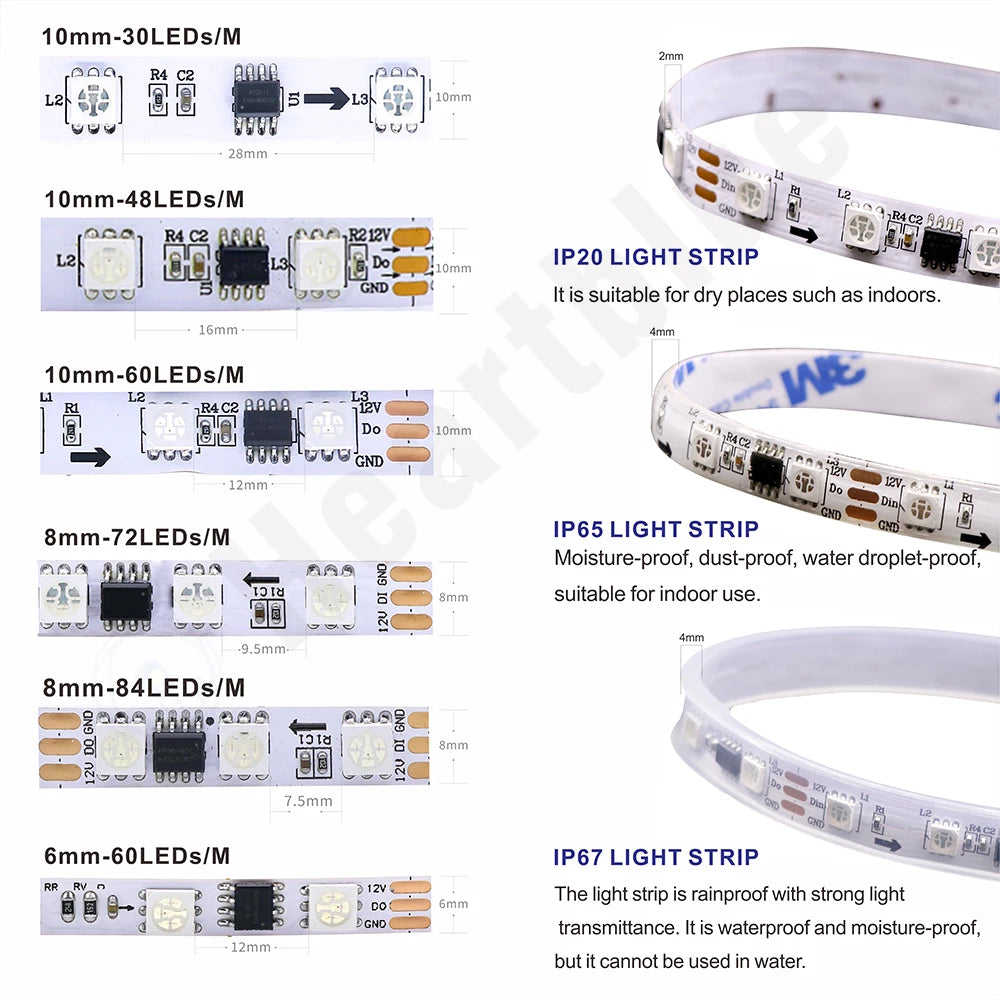 Addressable RGB LED Strip Lights WS2811 WS2812 WS2813 WS2815 Programmable DC 5V/12V Color-Changing