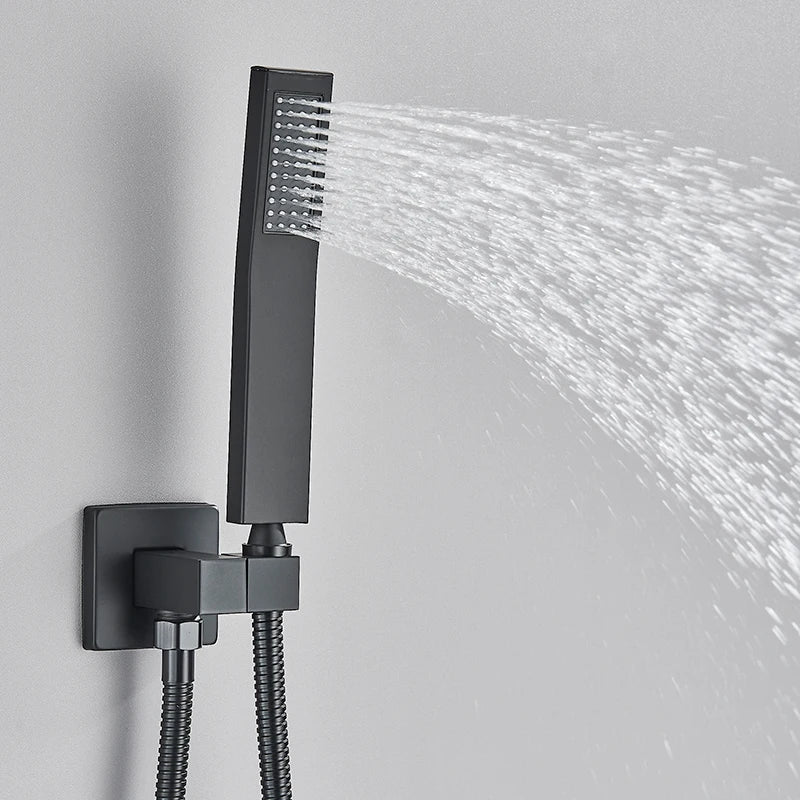 Matte Black Concealed In-Wall Rainfall Shower System with Tub Spout - Wall-Mount Mixer Faucet Set