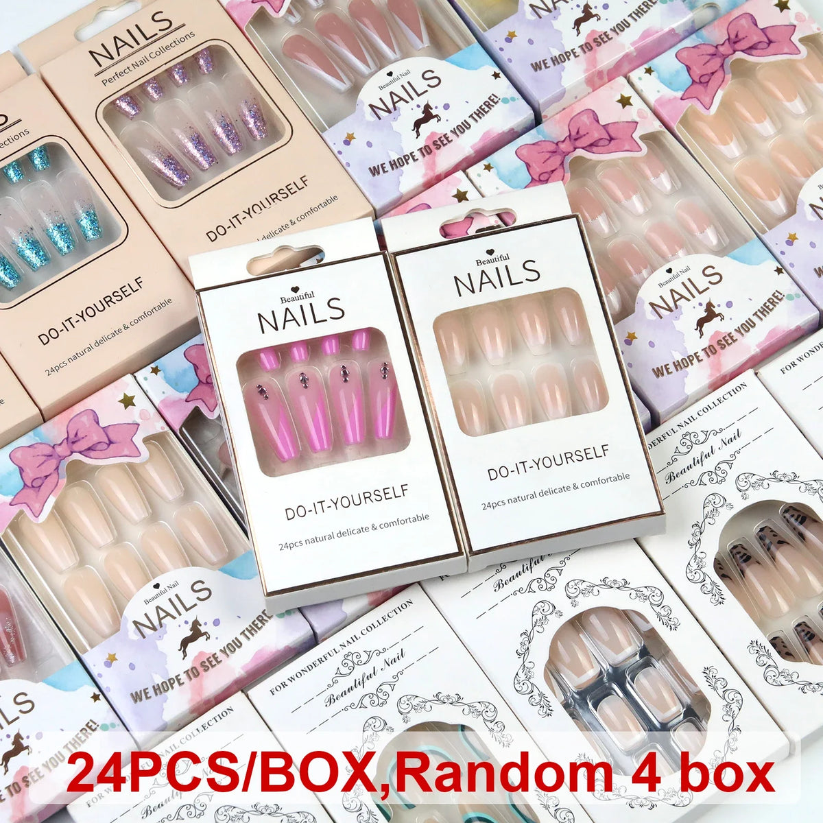 24-Piece Reusable Press-On Nails Set Short Medium Long French Almond Square Y2K Designs