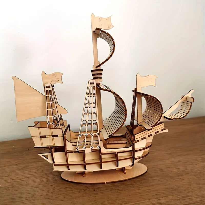 DIY 3D Wooden Mechanical Puzzle Kit - Buildable Ship Model Ornament, Handmade Assembly Game, Christmas Gift