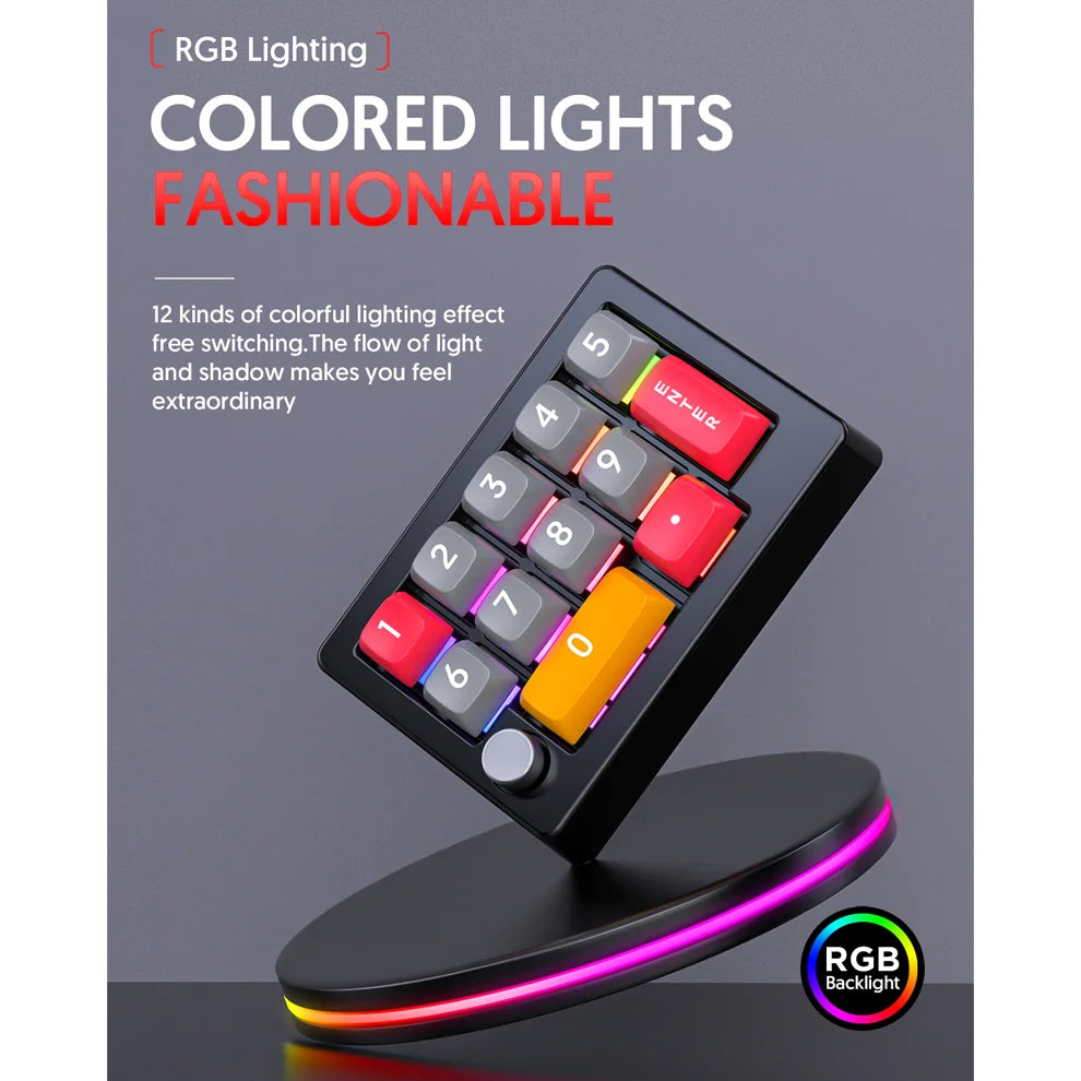 12-Key USB Wired Mechanical Macro Keypad with Programmable Knobs RGB Backlit One-Handed Gaming Keypad