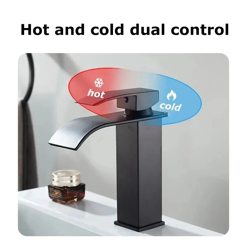 Black Waterfall Bathroom Basin Faucet – Stainless Steel Deck-Mounted High-Low Mixer Tap, Hot & Cold