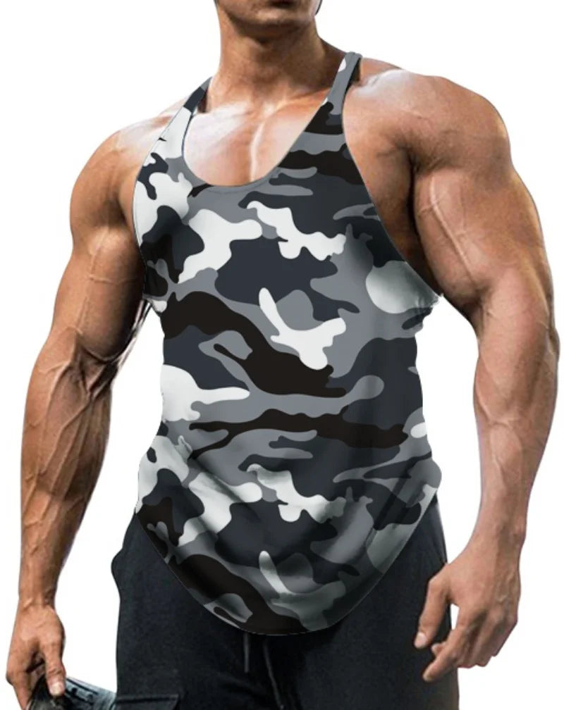 Men's Camo Sleeveless Tank Top - Vintage Sports Workout Training Vest