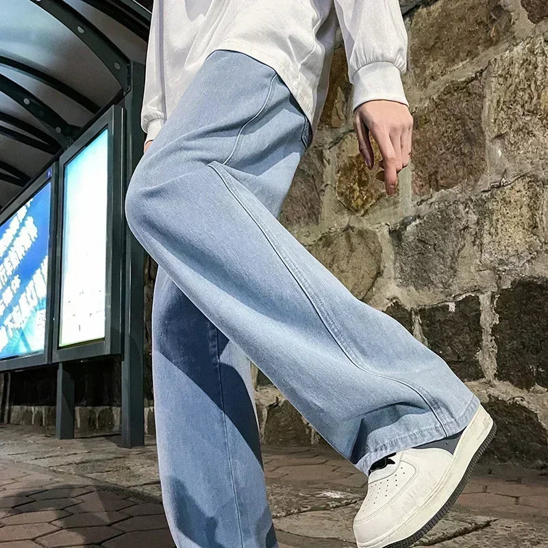 Men's Korean Streetwear Loose Wide-Leg Jeans - Straight Baggy Pants in Black & Light Blue