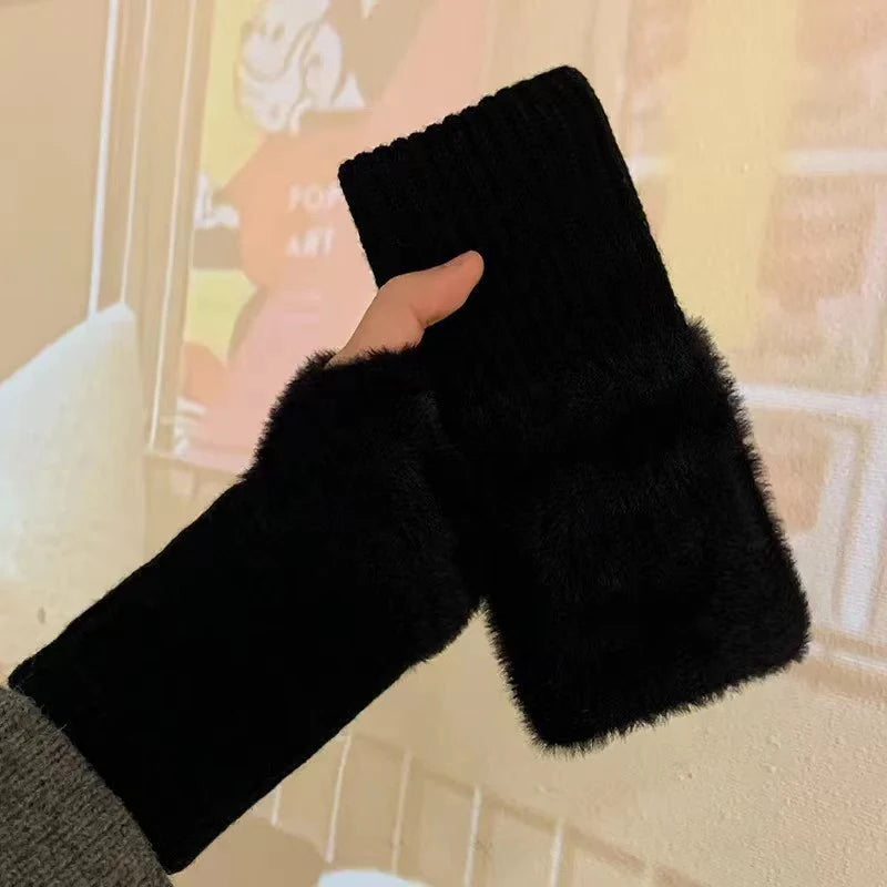 Faux Mink Fleece Fingerless Gloves for Women - Plush Knitted Half-Finger Wrist Mittens for Driving & Writing (One Size 16 x 9 cm / 6.3 x 3.5 in)