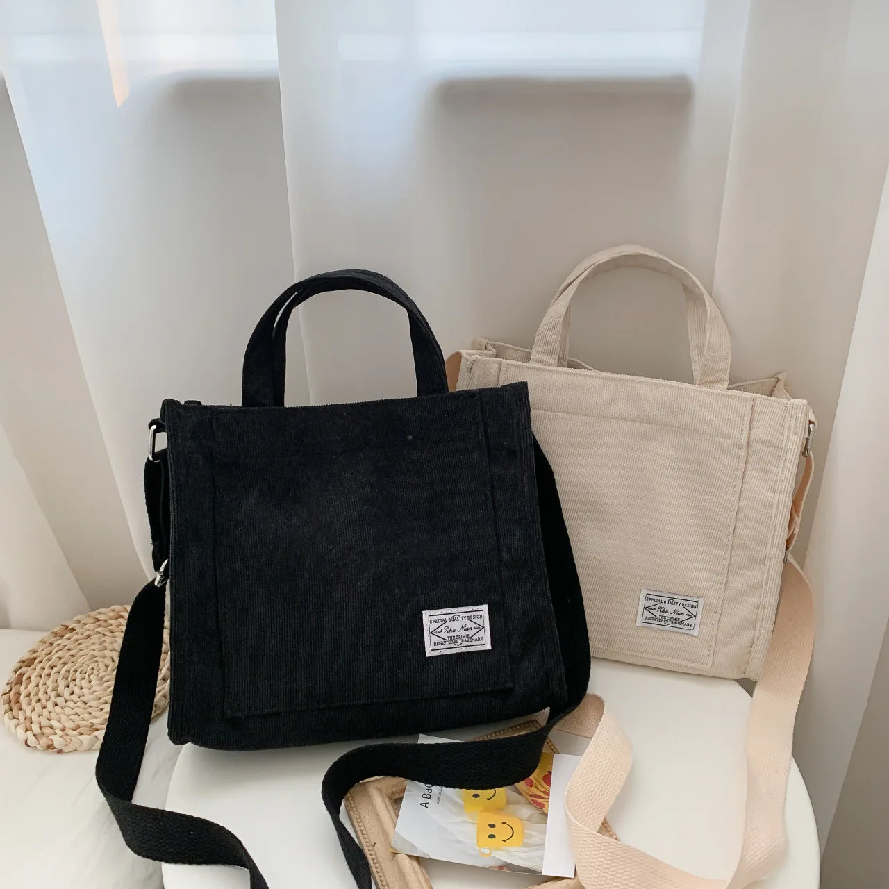 Corduroy Square Crossbody Tote Bag, Women's Shoulder & Travel Organizer