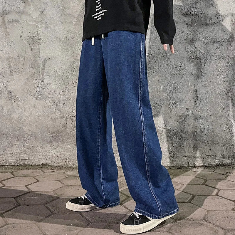 Men's Korean Streetwear Loose Wide-Leg Jeans - Straight Baggy Pants in Black & Light Blue