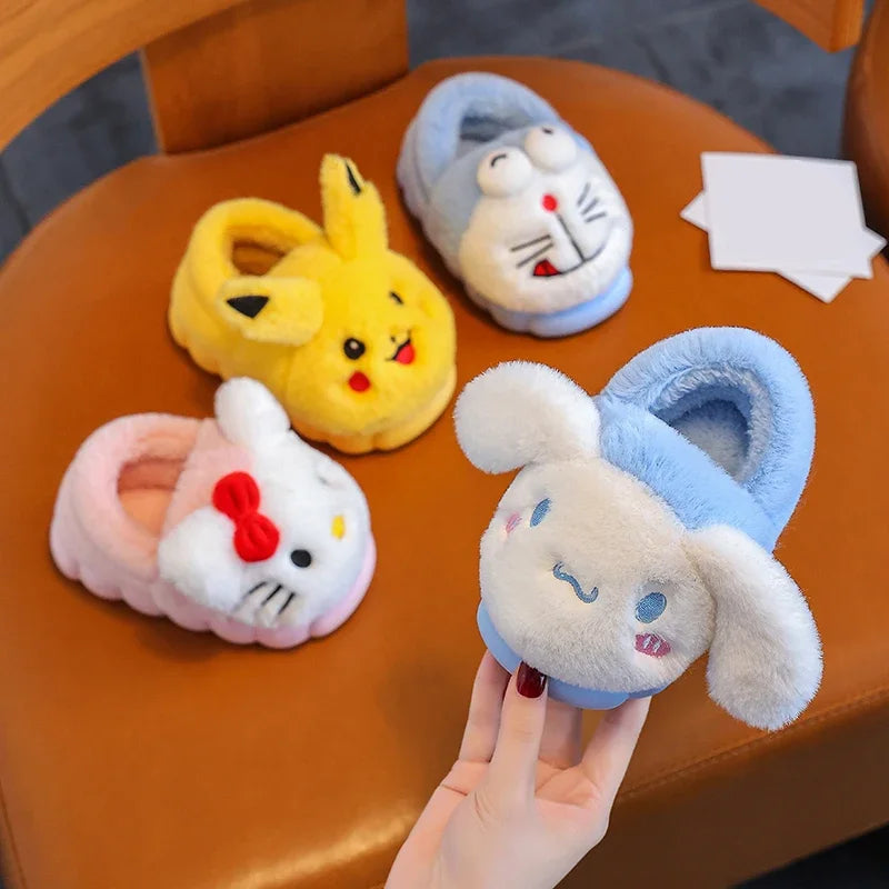 Kawaii Anime Plush Indoor Non-Slip Winter Slippers for Kids — Soft Cotton Flat Sole, Cute Cartoon Gift