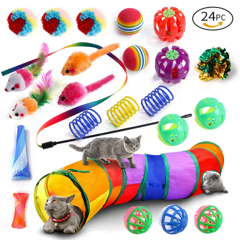 Interactive 11-Piece Cat Toy Variety Set — Feather Wands, Sisal Mice, Bell Balls & Plush Toys