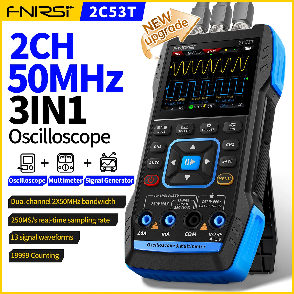 3-in-1 2-Channel Digital Oscilloscope Multimeter & DDS Signal Generator 50 MHz 250MS/s 2.8-inch LCD Portable