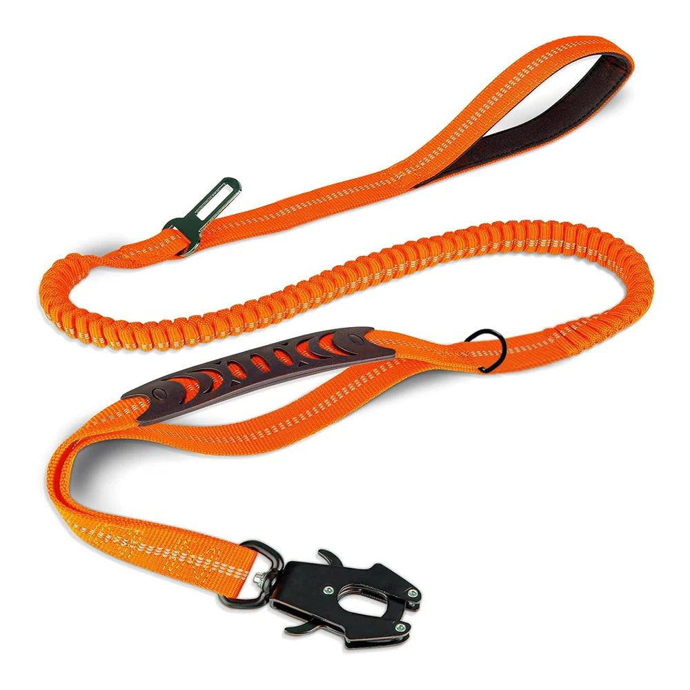 Tactical Heavy-Duty Dog Leash, 4–6 ft (120–180 cm) Shock-Absorbing Bungee with 2 Padded Handles, Metal Carabiner & Seatbelt Clip