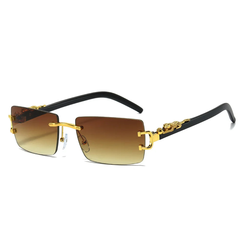 Rimless Rectangular Sunglasses with Cheetah Accent, UV400 Sun Protection, Unisex