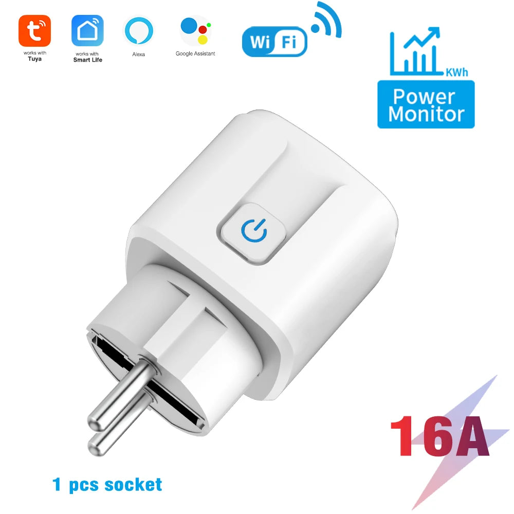 Smart WiFi Dual Outlet Wall Socket 16A/20A – Voice Control with Google & Alexa, Timer & Energy Monitoring (EU Plug)