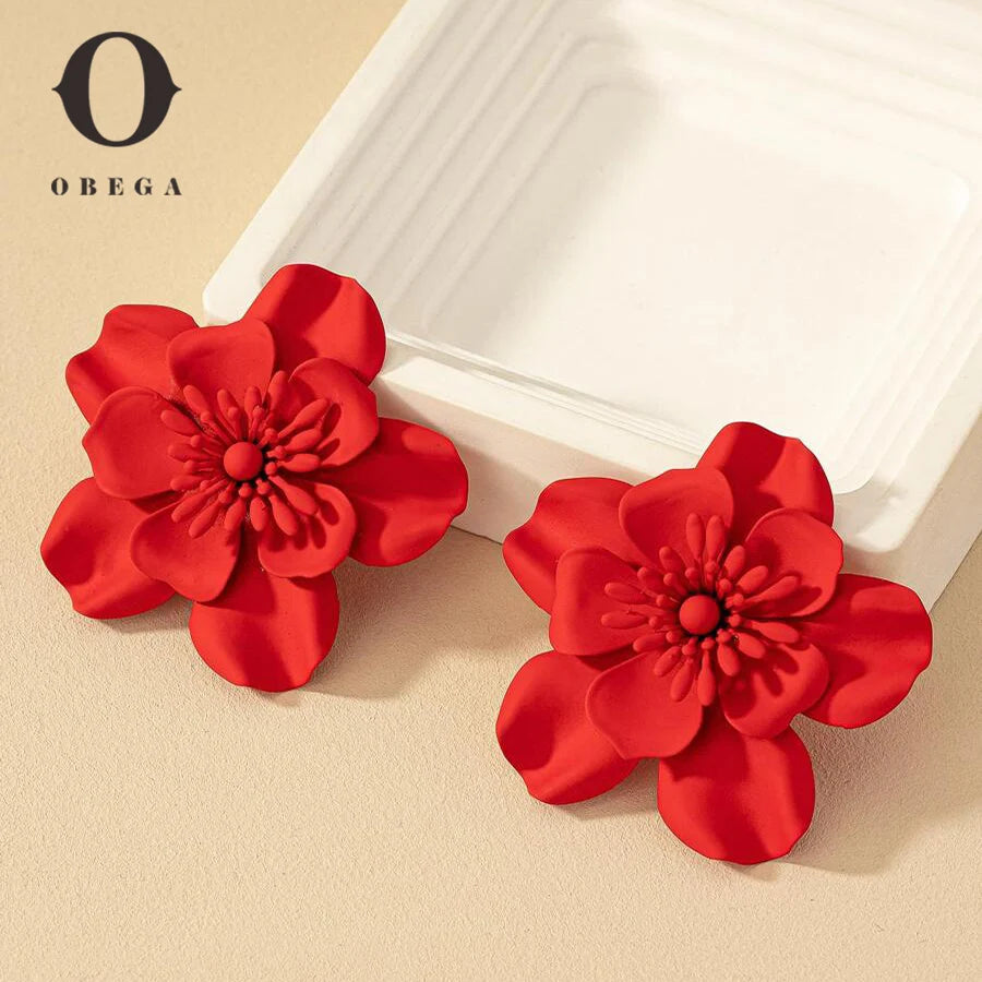 Big Red Flower Stud Earrings – Metal Floral Post Earrings, Boho Wedding & Summer Statement