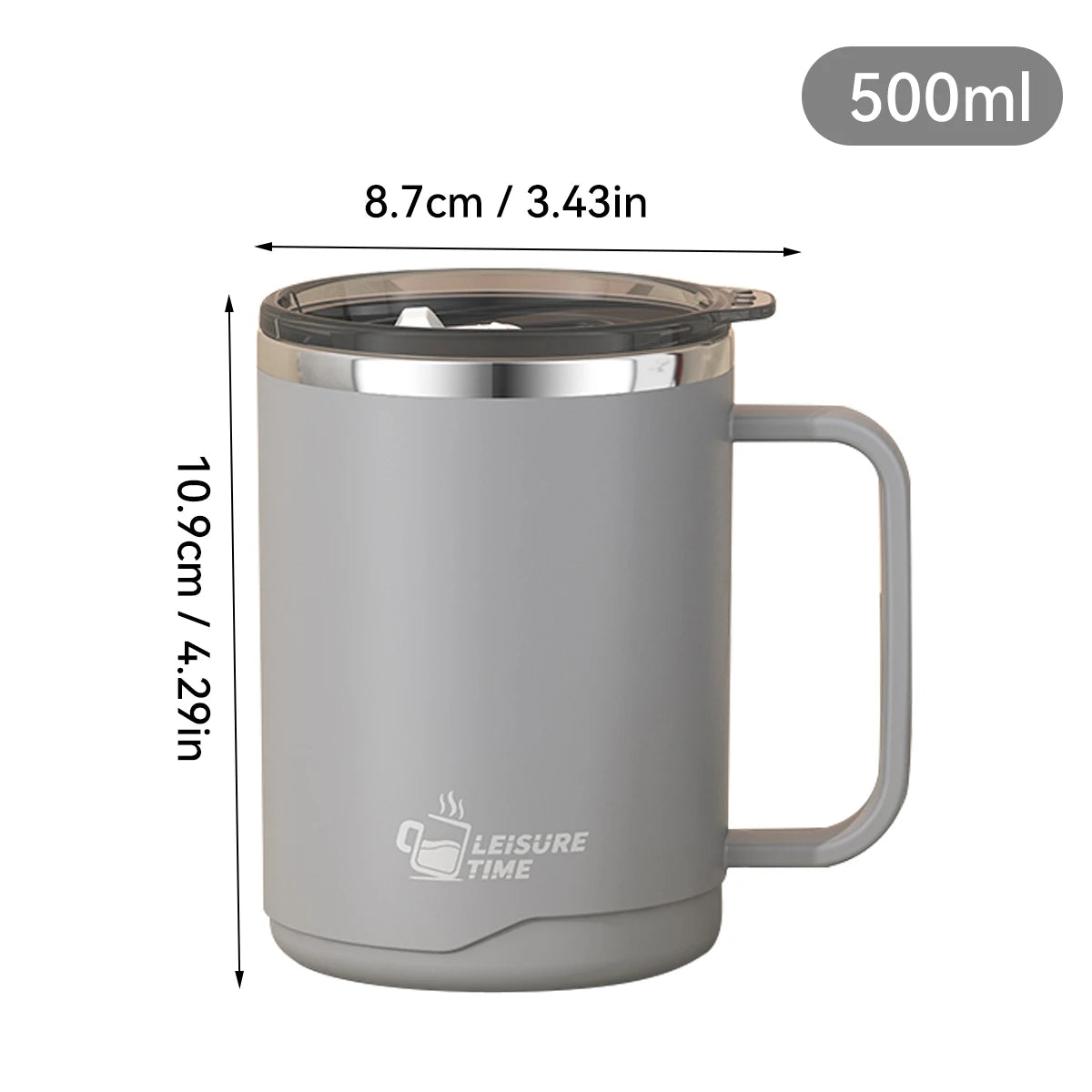 500ml (16.9oz) 304 Stainless Steel Double-Layer Insulated Travel Mug with Handle, Sealed Vacuum Flask
