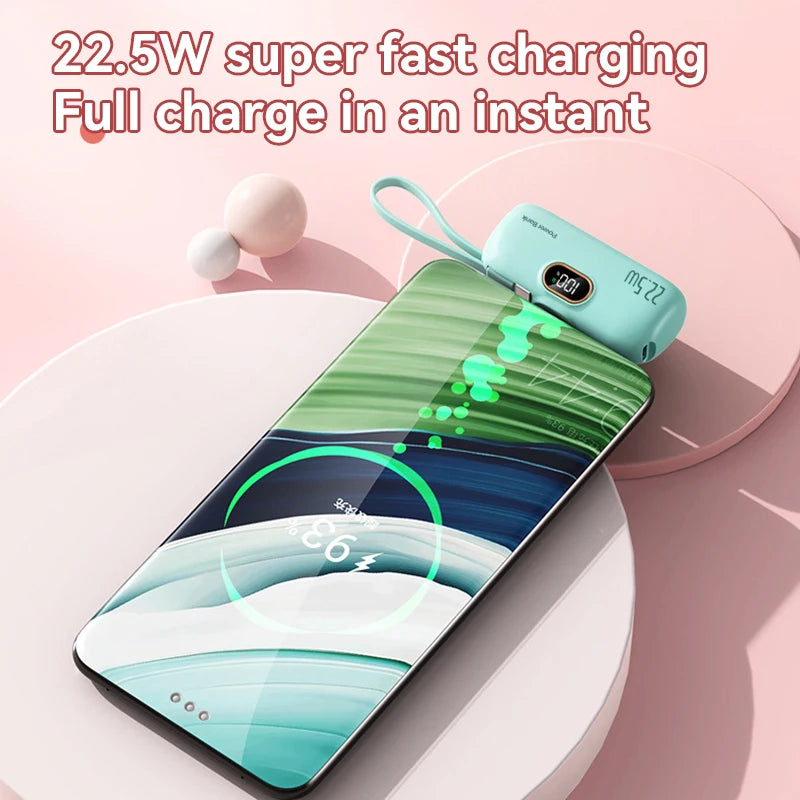 50000mAh Mini Capsule Power Bank 22.5W Fast Charging Portable External Battery with Built-in Cables & Digital Display Compatible with iPhone Huawei Samsung