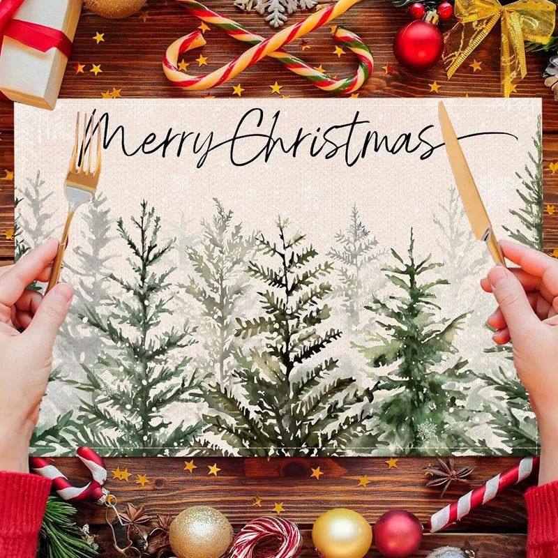 Linen Christmas Tree Placemats – Holiday Rectangle Table Mats for Kitchen & Dining, Navidad Noel