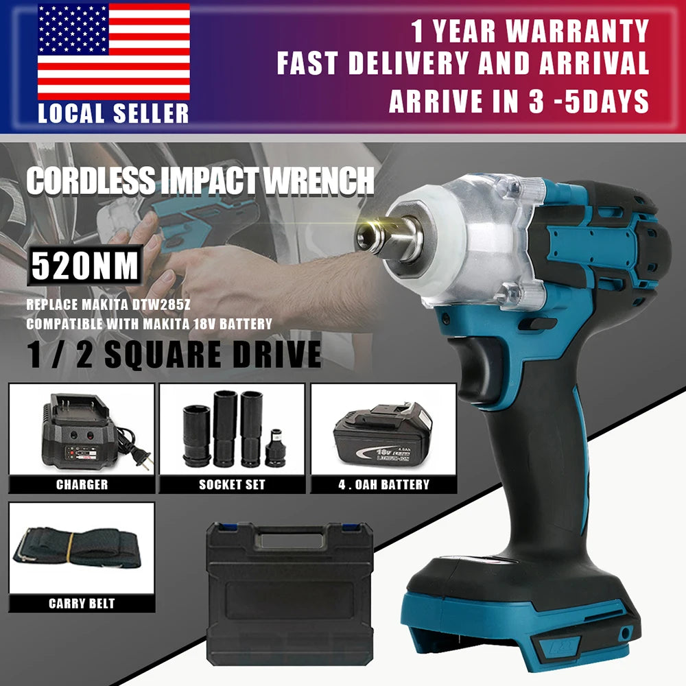 Brushless Cordless Impact Wrench 1/2 in (12.7 mm) Drive — 520 N·m Torque, 18V Battery Compatible Power Wrench with Toolbox