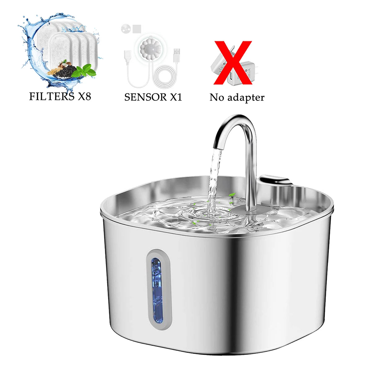 Stainless Steel Pet Water Fountain 2.2L (74.4 fl oz) Ultra-Quiet Pump with Filter, Water-Level Window & LED Light