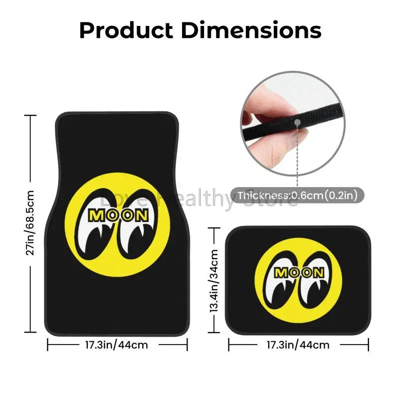 Moon Eyes Motorcycle Racing 4-Piece Car Floor Mats – Front 17.3×27 in (43.9×68.6 cm) & Rear 17.3×13.4 in (43.9×34.0 cm) Neoprene Rubber-Back All-Weather Mats