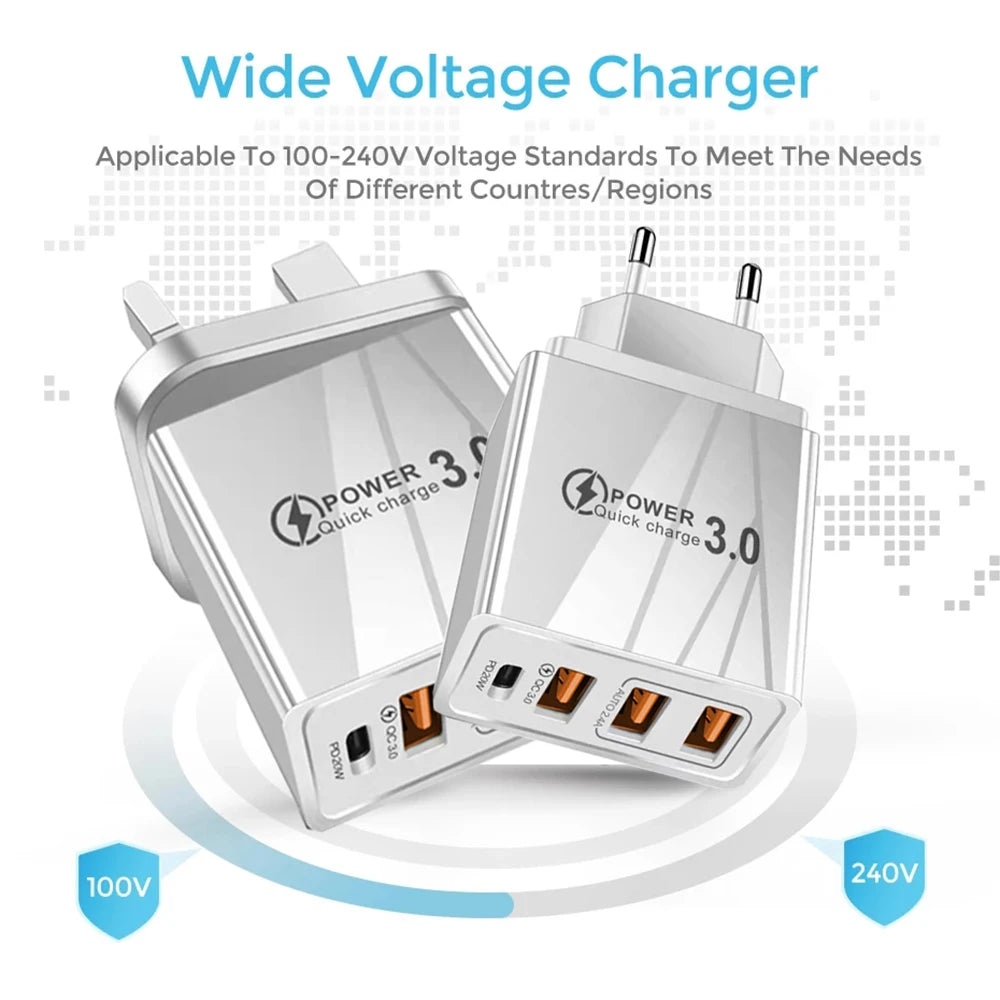 48W USB-C PD Fast Charger — QC 3.0 Wall Charger with EU/US Plug, Universal for Smartphones & Tablets