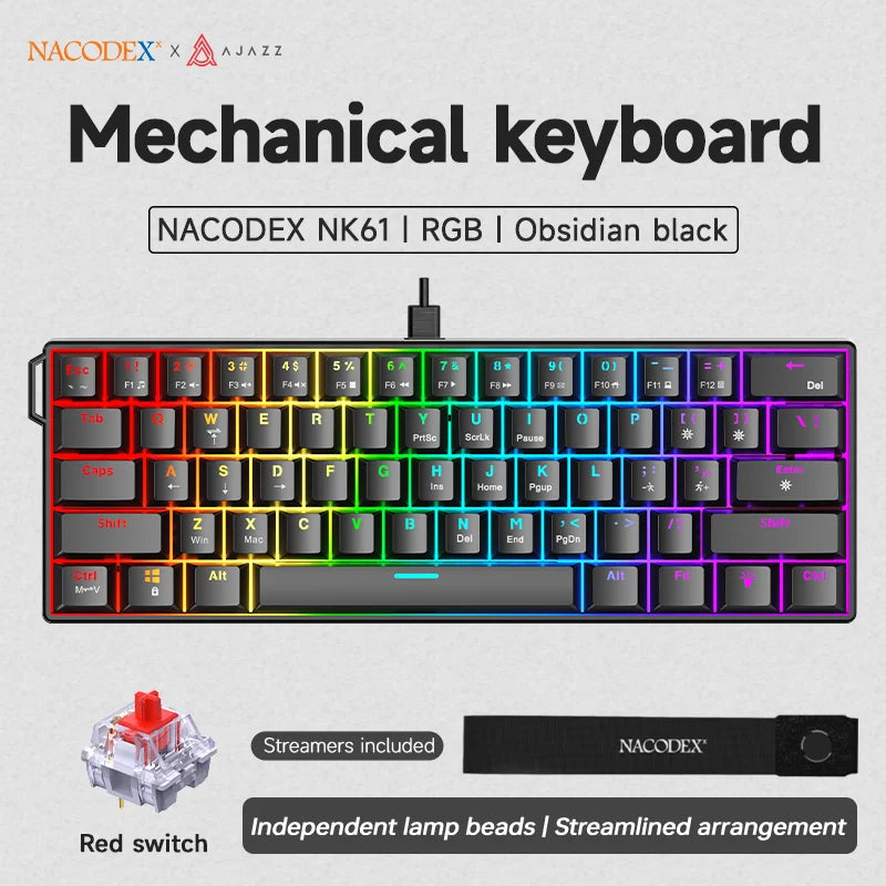 60% Mechanical Gaming Keyboard 61-Key Wired RGB Hot-Swappable Red Switch Mini Keyboard for PC