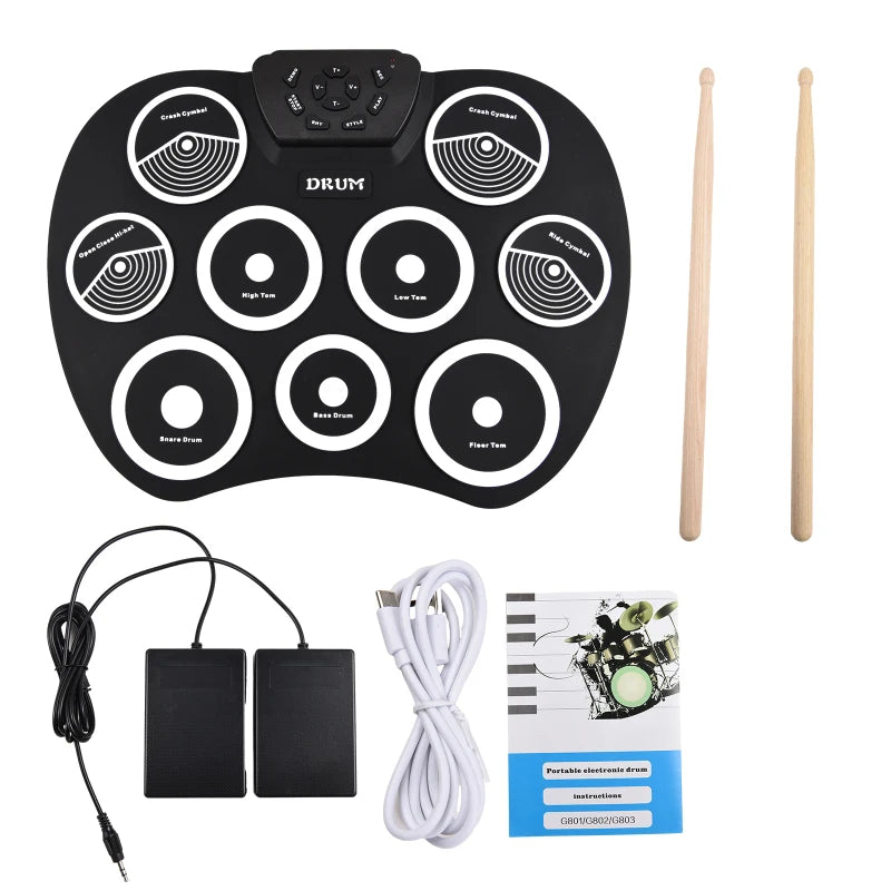 Portable 9-Pad Roll-Up Electronic Drum Set USB MIDI with Pedals & Drumsticks