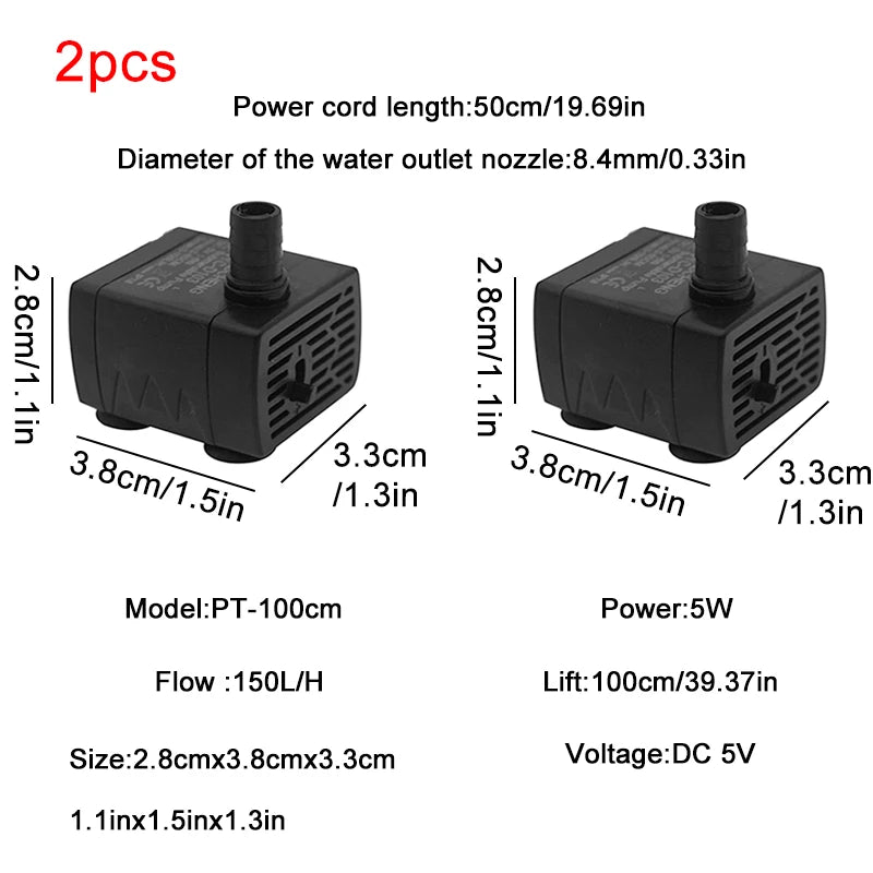 USB Submersible Aquarium Water Pump – Ultra Quiet Mini Fish Tank Circulation & Filtration Pump, Adjustable Flow 5V 3W/5W, 150 L/H