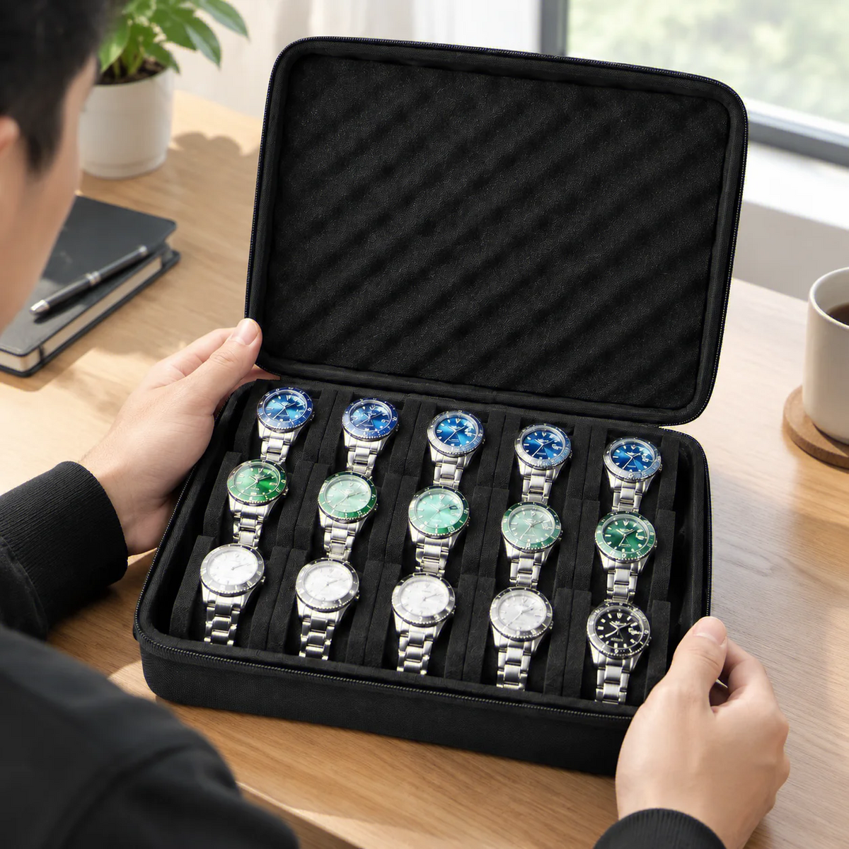 15-Slot Pressure-Proof Watch Storage Case — Portable Travel Watch Box Organizer for Home & Office