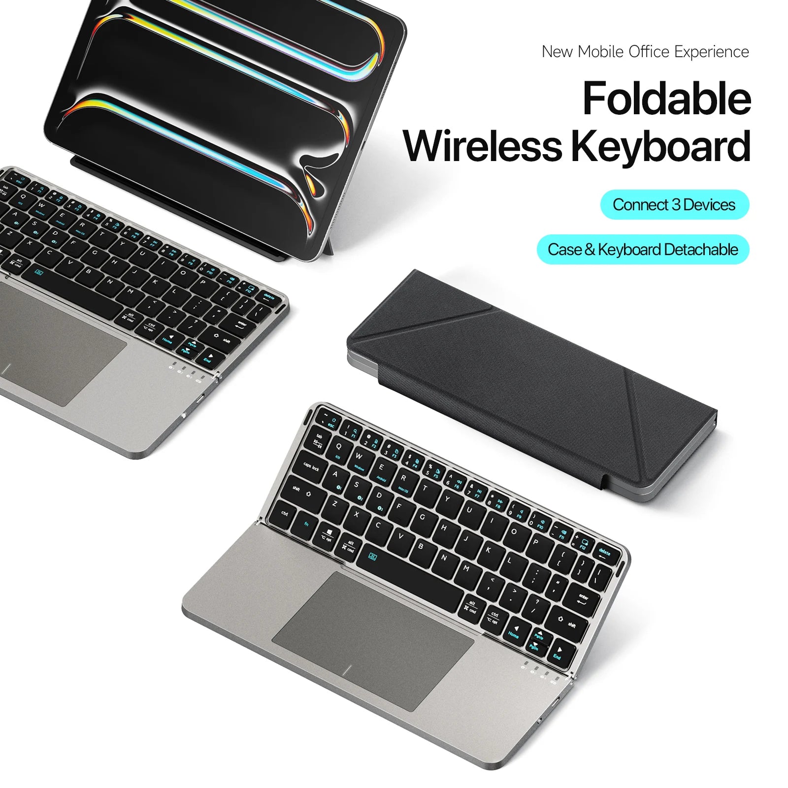 Foldable Bluetooth 5.0 Keyboard with Detachable Touchpad & Phone Holder — Compact 63-Key Wireless Keyboard for Phones, Tablets & Laptops