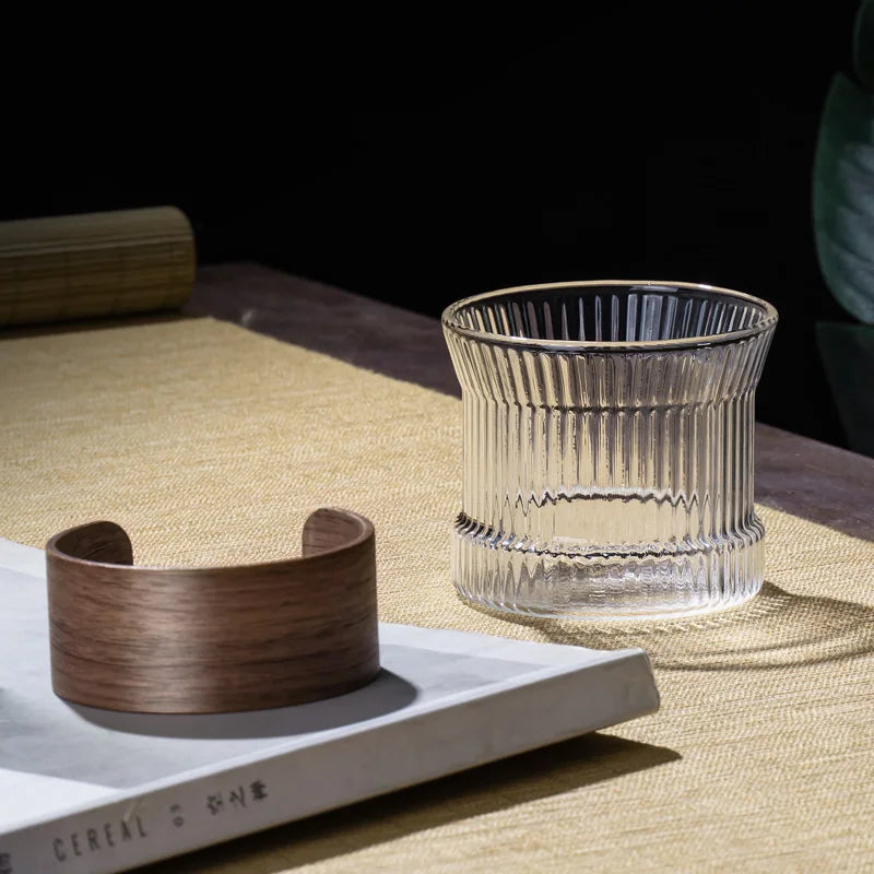 Japanese-Style Glass Coffee Mug with Walnut Sleeve – Kawaii Transparent Tea & Beer Cup