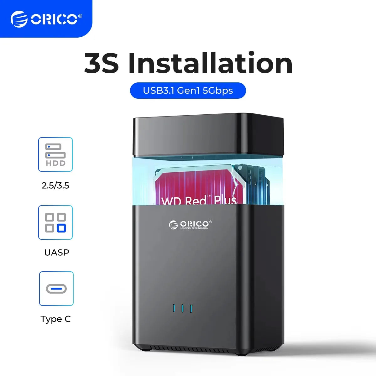 2-Bay 3.5-inch Type-C HDD Enclosure USB 3.1 Gen1 5Gbps UASP Magnetic Docking Station (12V 4A)