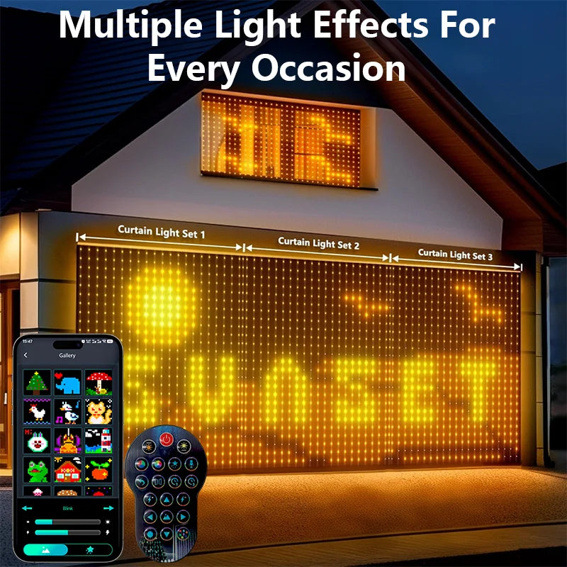 LED RGBIC Smart Curtain String Lights USB Powered App & Remote Control, Music Sync DIY Patterns, IP67 Waterproof — 1.6×1.6 m (5.25×5.25 ft) or 2.4×2.4 m (7.87×7.87 ft) for Bedroom Party Outdoor