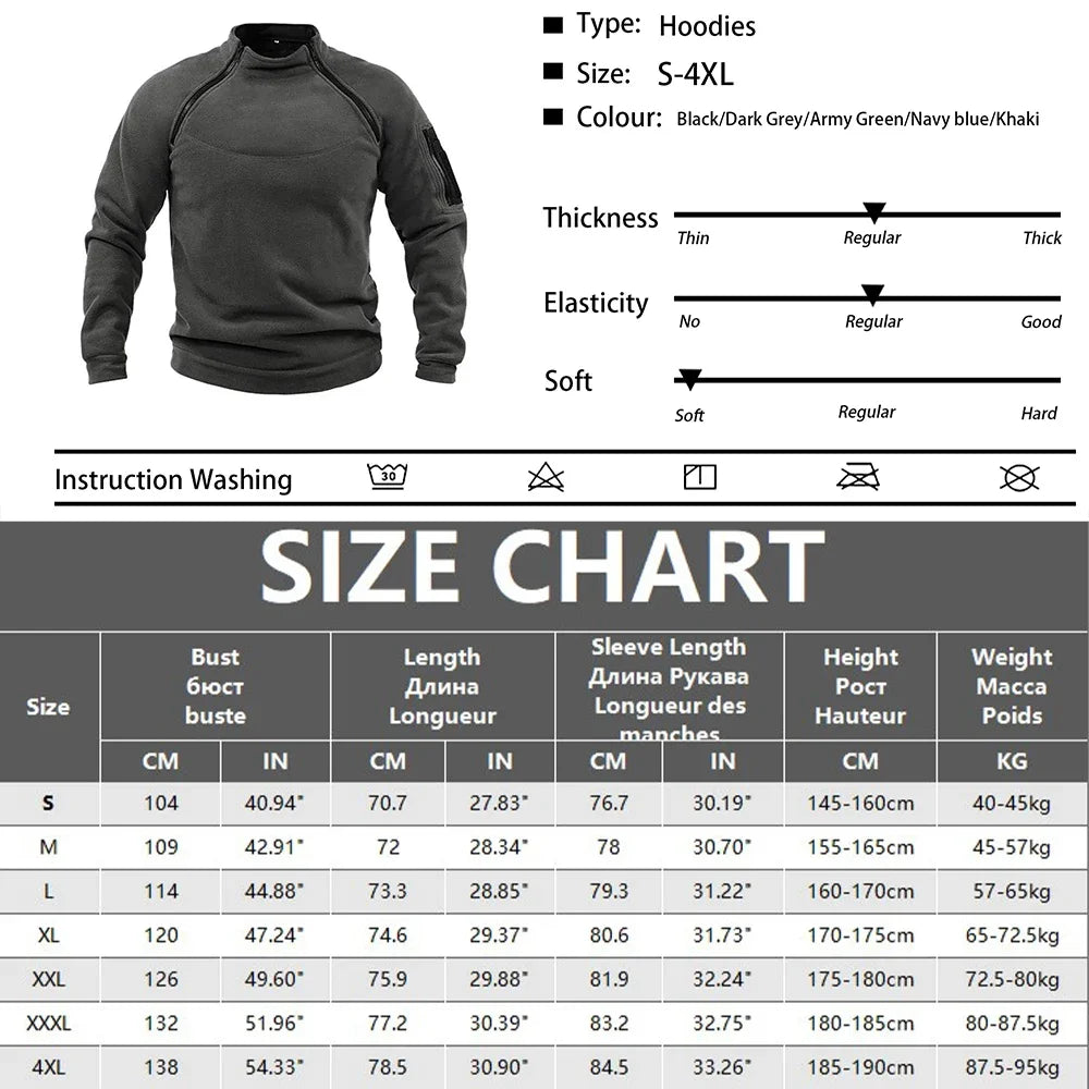 Men's Tactical Fleece Hoodie Windproof Thermal Zippered Pullover for Hiking and Camping
