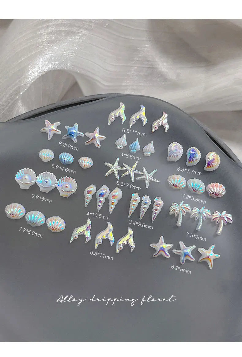 50pcs Summer Ocean 3D Nail Charms – Aurora Shell, Starfish & Fish Tail Nail Art Decorations