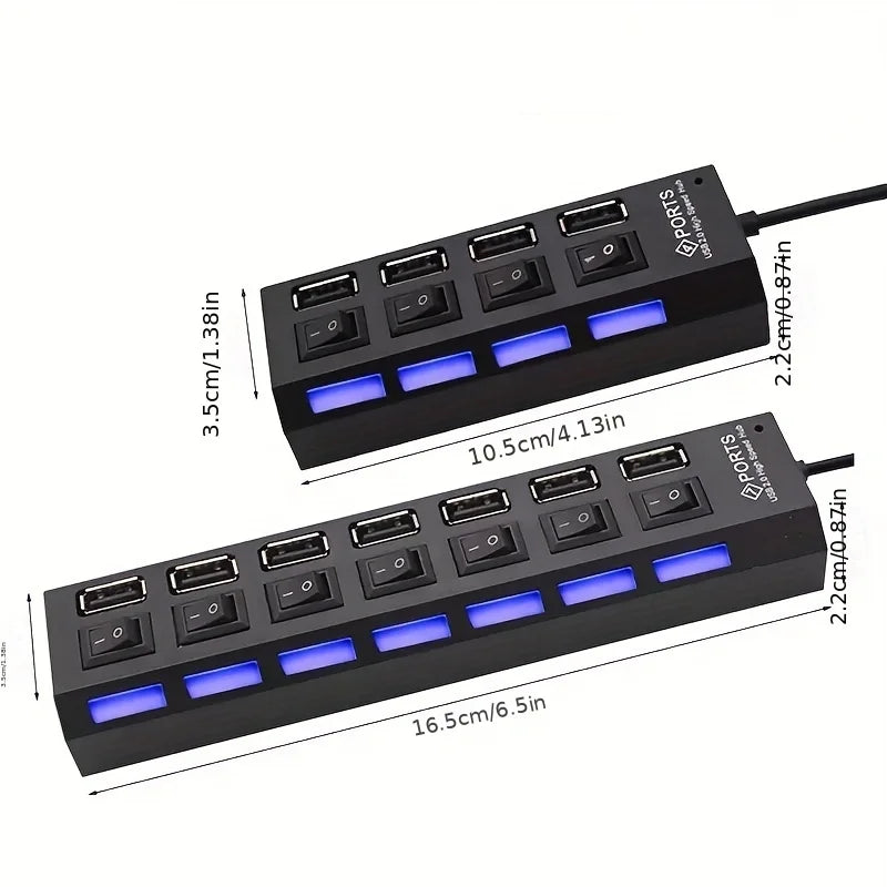 High-Speed USB 2.0 Hub — 4 or 7-Port USB Splitter with Individual On/Off Switches & LED Indicator for PC Laptop