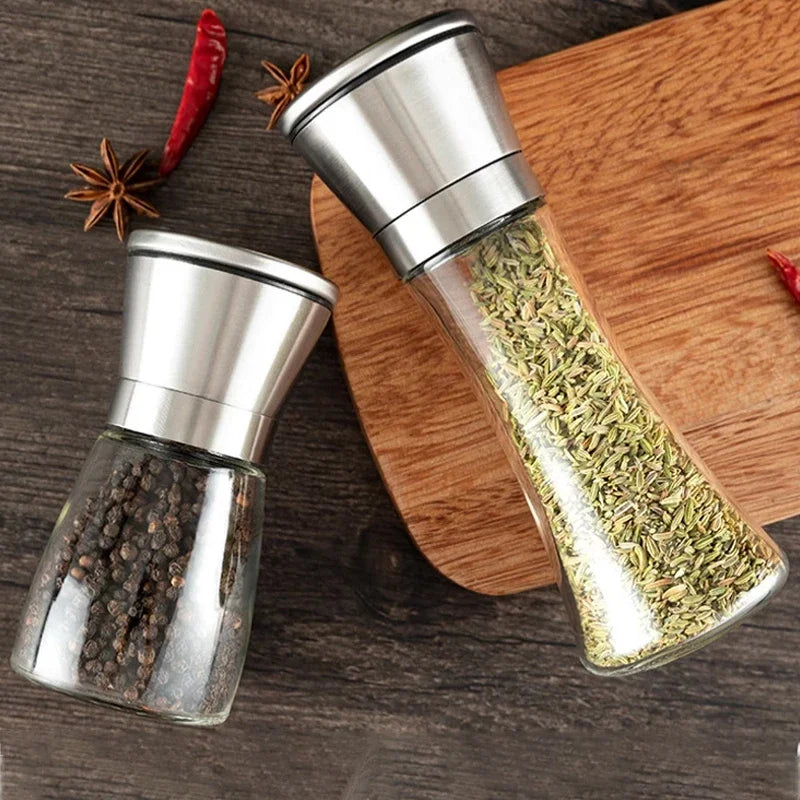 Stainless Steel Salt & Pepper Mill Set with Stand — Manual Adjustable Spice Grinder