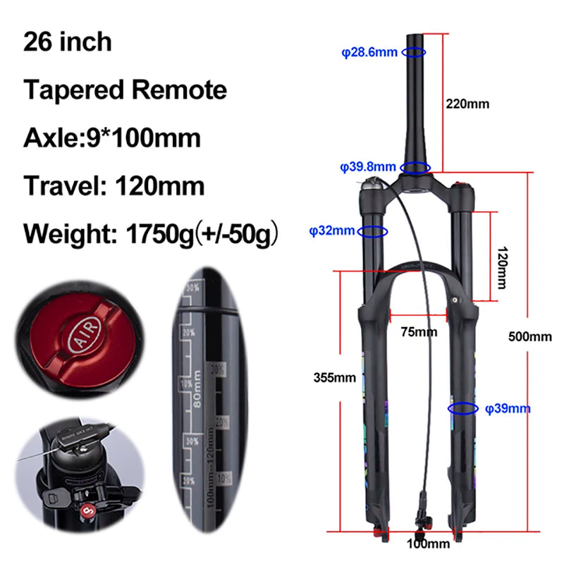 MTB Air Suspension Fork — 120mm Travel, Rebound Adjustable, 26/27.5/29 in, 9x100mm Quick Release, Disc Brake Compatible