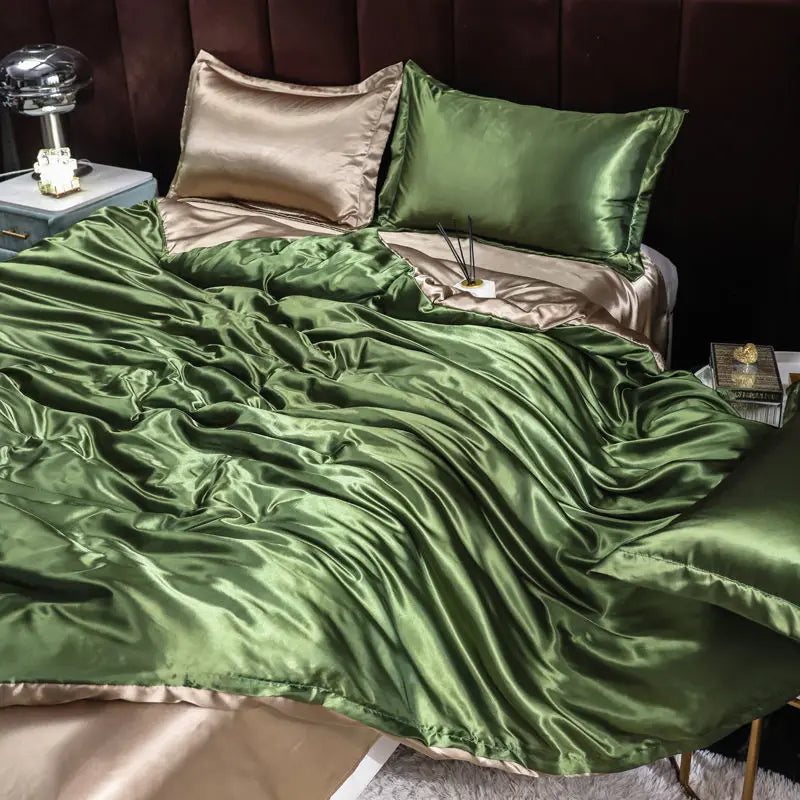 Ice Silk Satin 4-Piece Duvet Cover Set – Silky Solid Color Bedding (Duvet Cover + 2 Pillowcases + Sheet), Fits 1.5–2.2 m (5–7 ft) Beds
