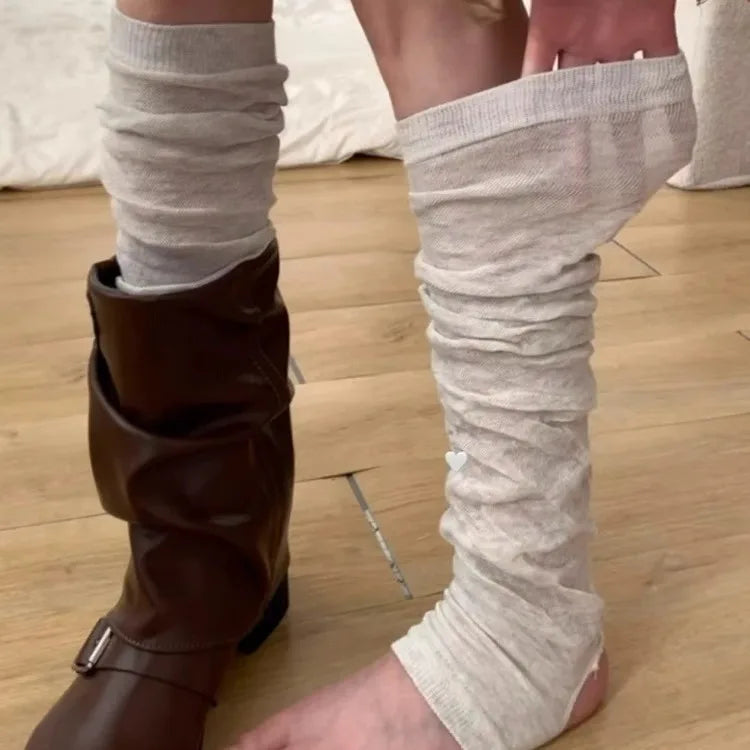 Women's Gray Knit Calf Leg Warmers - Cotton-Blend Ballet Pile Socks for Autumn