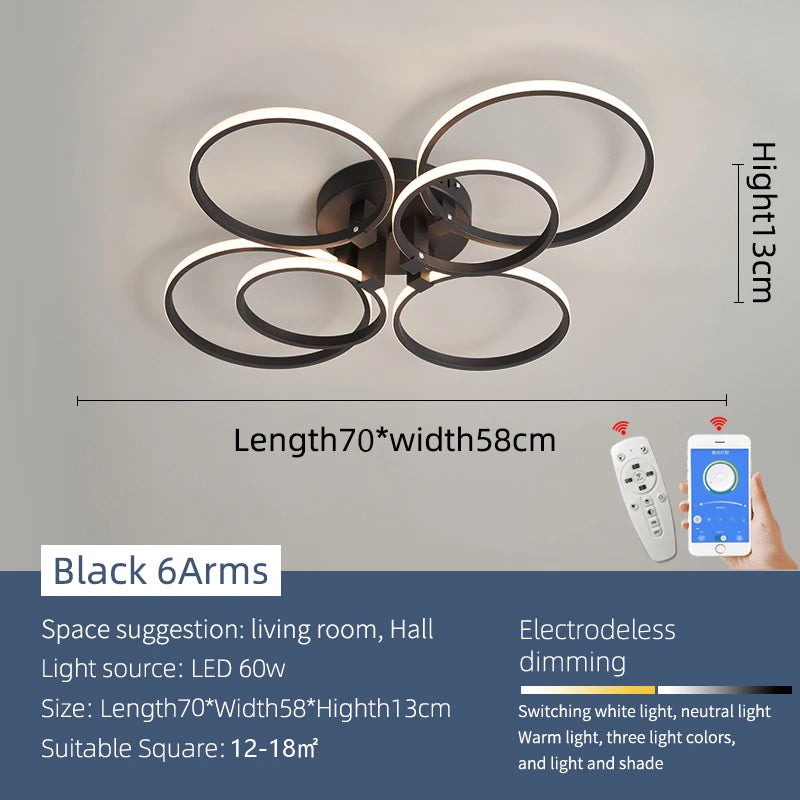 Modern LED Chandelier Dimmable Remote-Control Ceiling Light for Living Room Bedroom Study – Gold or Black, AC 90–260V