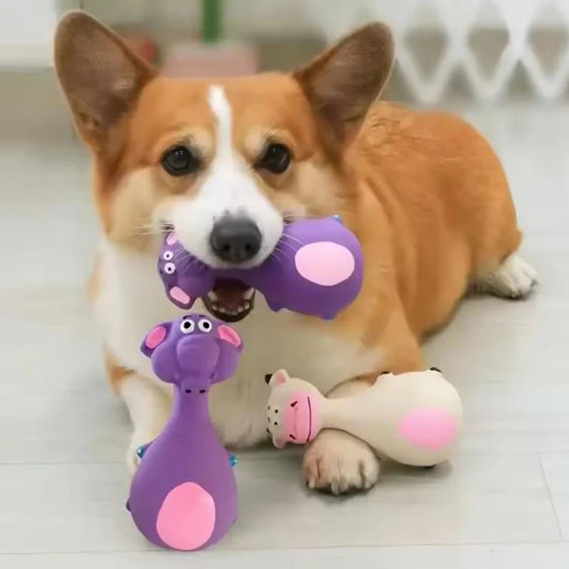 1-Pack Round-Bellied Cartoon Squeaky Dog Toy - Bite-Resistant Latex Rubber, Purple Elephant / White Cow / Brown Options