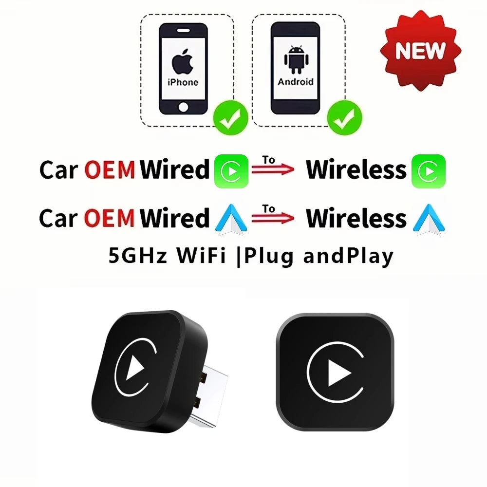 Wireless CarPlay & Android Auto Adapter 2-in-1 USB 5.8GHz WiFi Convert Wired to Wireless