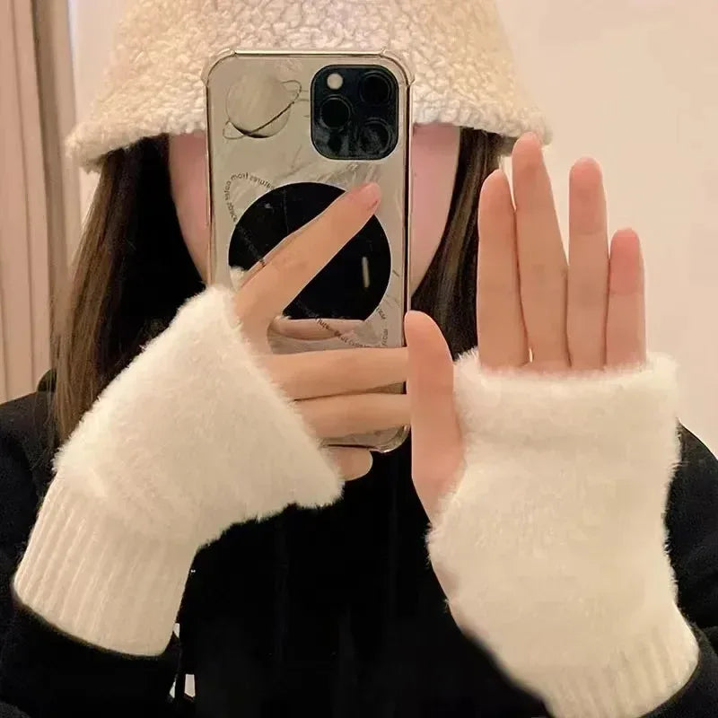 Solid Color Plush Knitted Fingerless Gloves – Warm Half-Finger Winter Gloves for Women