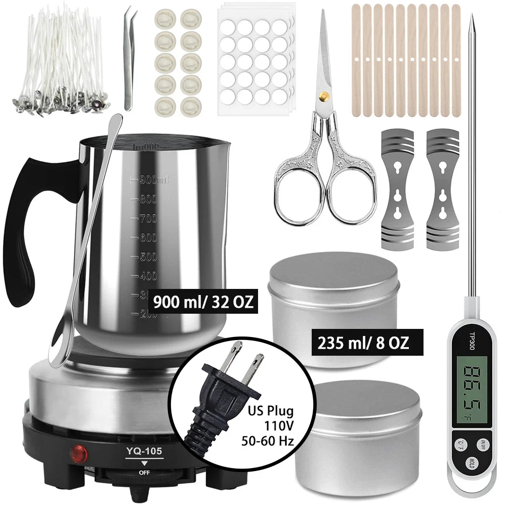 DIY Candle Making Kit with 500W Electric Hot Plate, 900ml/600ml Stainless Steel Melting Pot, Thermometer & Candle Tins