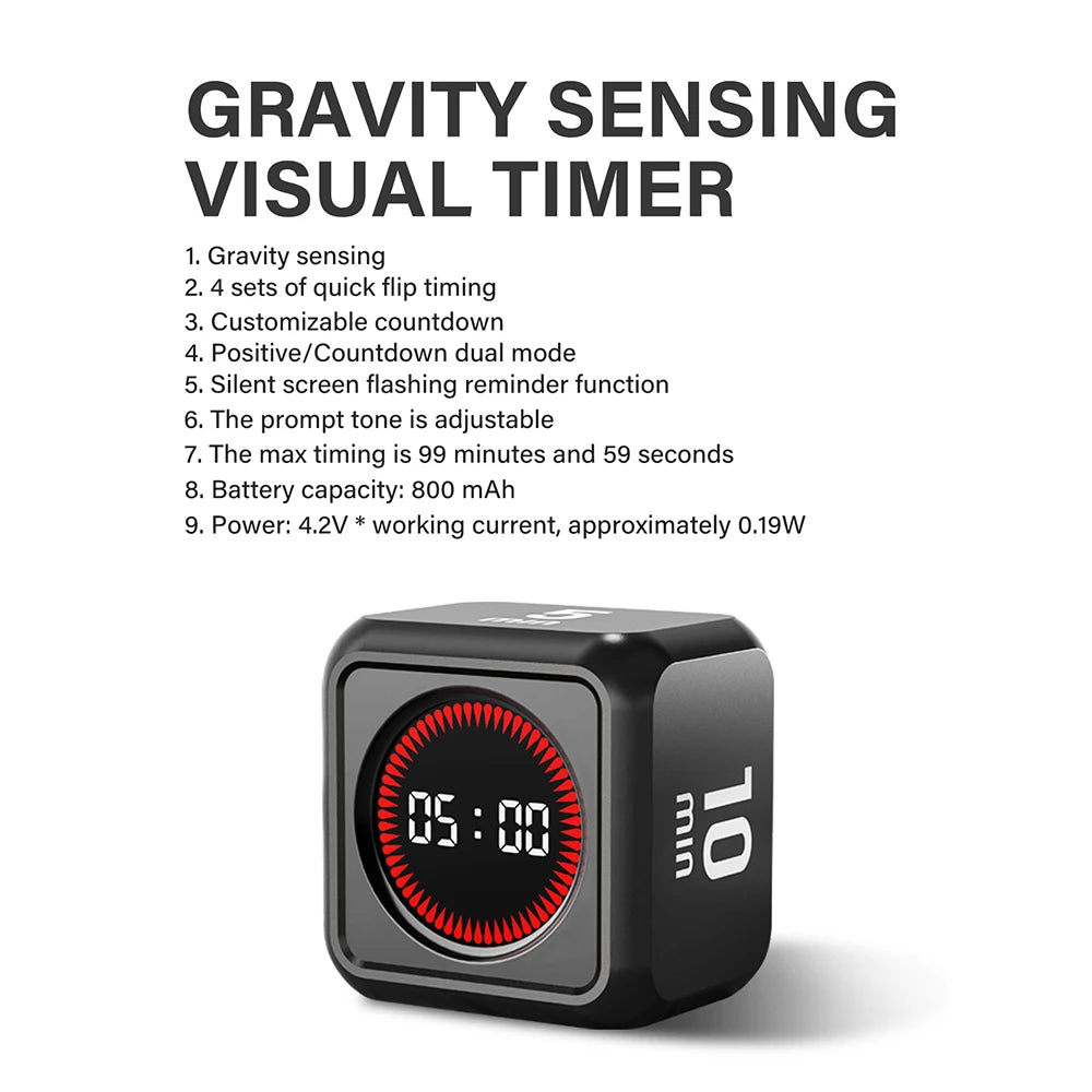 Flip Cube Timer Gravity Sensor LED Display - 4 Preset USB Rechargeable Mini Timer for Cooking and Study