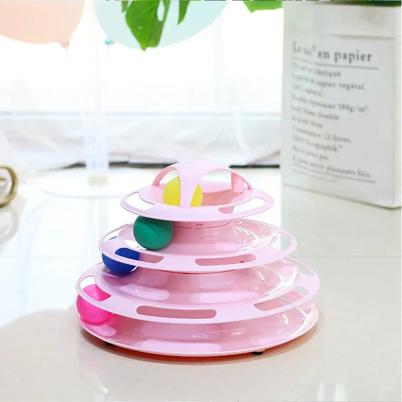 Interactive Triple-Play Cat Toy — Spinning Disc with Rolling Balls Puzzle Chase Toy for Cats (Pink, Blue, Green, Orange)