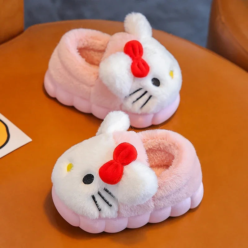 Kawaii Anime Plush Indoor Non-Slip Winter Slippers for Kids — Soft Cotton Flat Sole, Cute Cartoon Gift