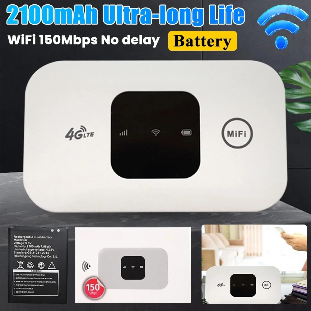 4G LTE Pocket WiFi Router 150Mbps Mobile Hotspot with SIM Slot — 2100mAh Portable WiFi for Travel Home Office